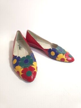 Vintage Aj Valenci Daisy appliqué Mod floral Leather Flats Size 7M 80s Art Shoes